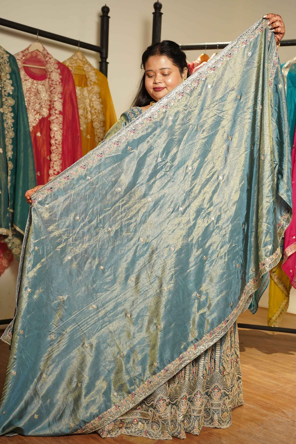 Zehnaya Blue Tissue Lehenga With Zari Embroidery