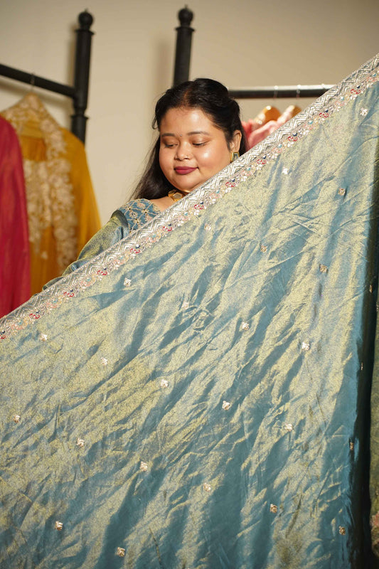 Zehnaya Blue Tissue Lehenga With Zari Embroidery