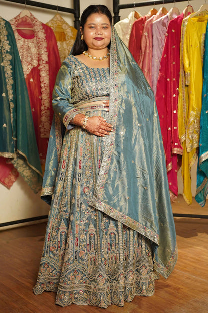 Zehnaya Blue Tissue Lehenga With Zari Embroidery
