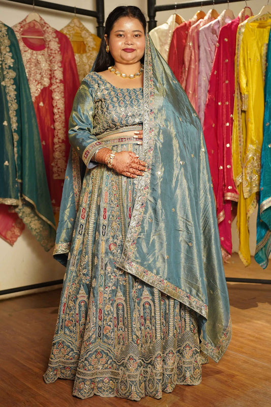 Zehnaya Blue Tissue Lehenga With Zari Embroidery