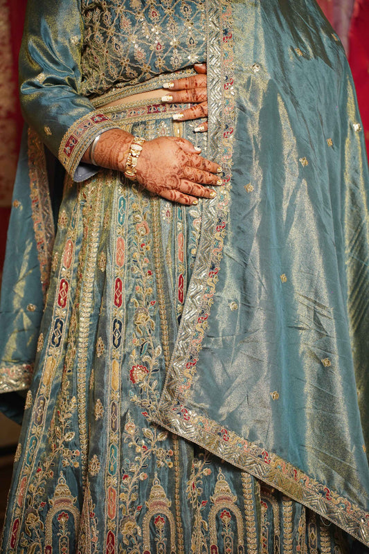 Zehnaya Blue Tissue Lehenga With Zari Embroidery