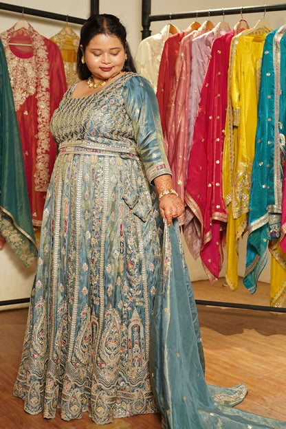 Zehnaya Blue Tissue Lehenga With Zari Embroidery