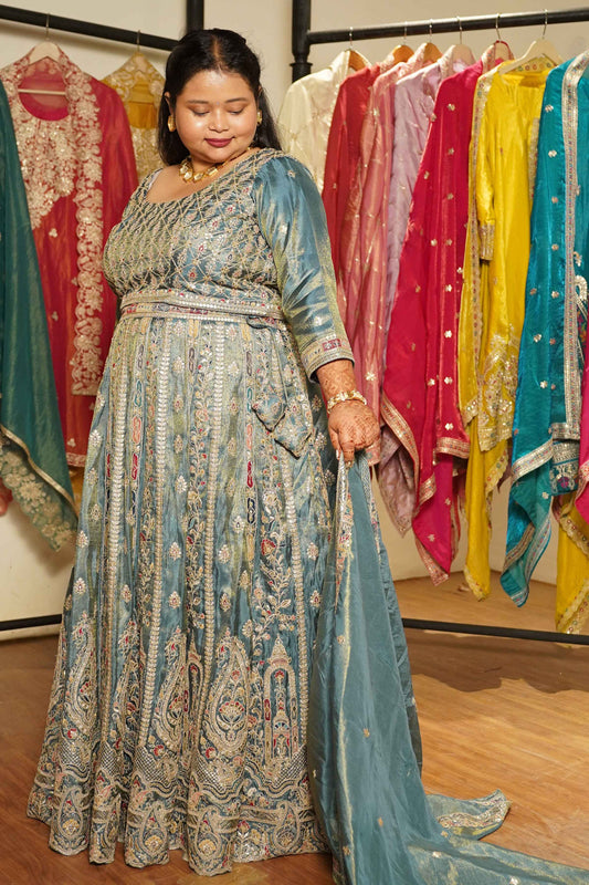Zehnaya Blue Tissue Lehenga With Zari Embroidery