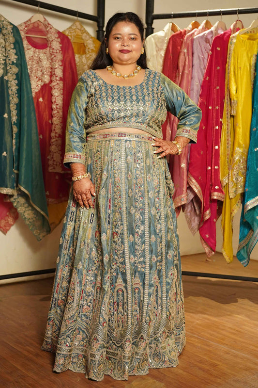 Zehnaya Blue Tissue Lehenga With Zari Embroidery