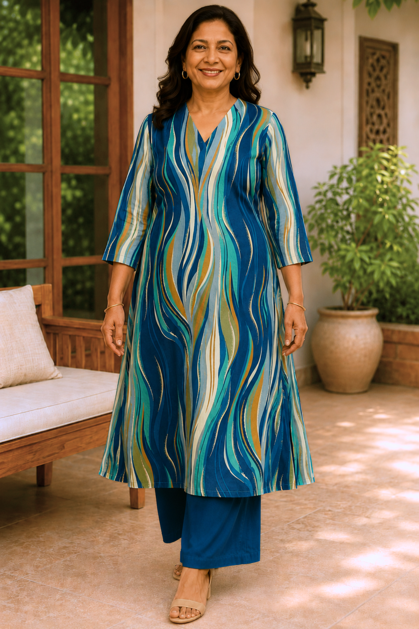 Marine Lumière Foiled Linen A-line Kurta