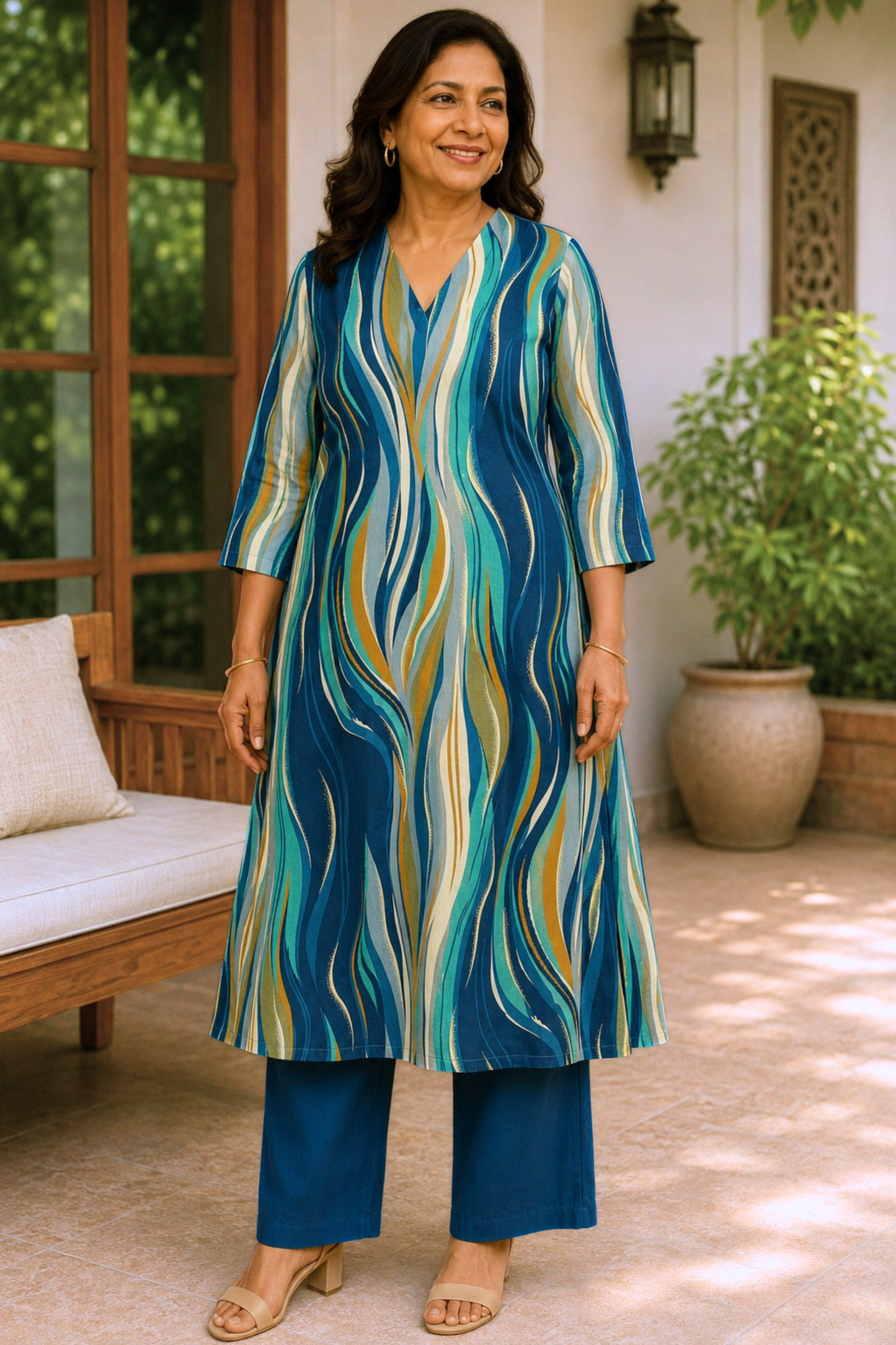 Marine Lumière Foiled Linen A-line Kurta