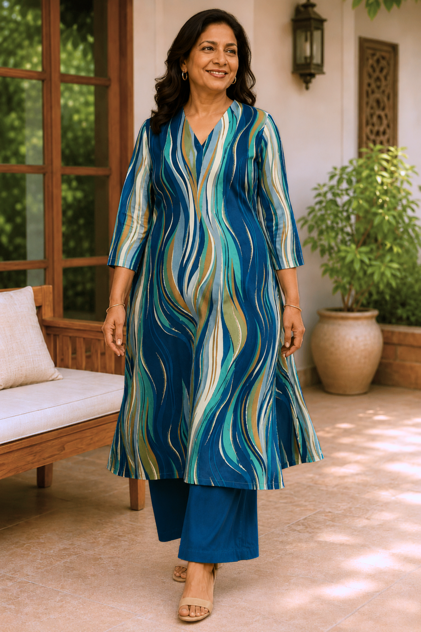 Marine Lumière Foiled Linen A-line Kurta