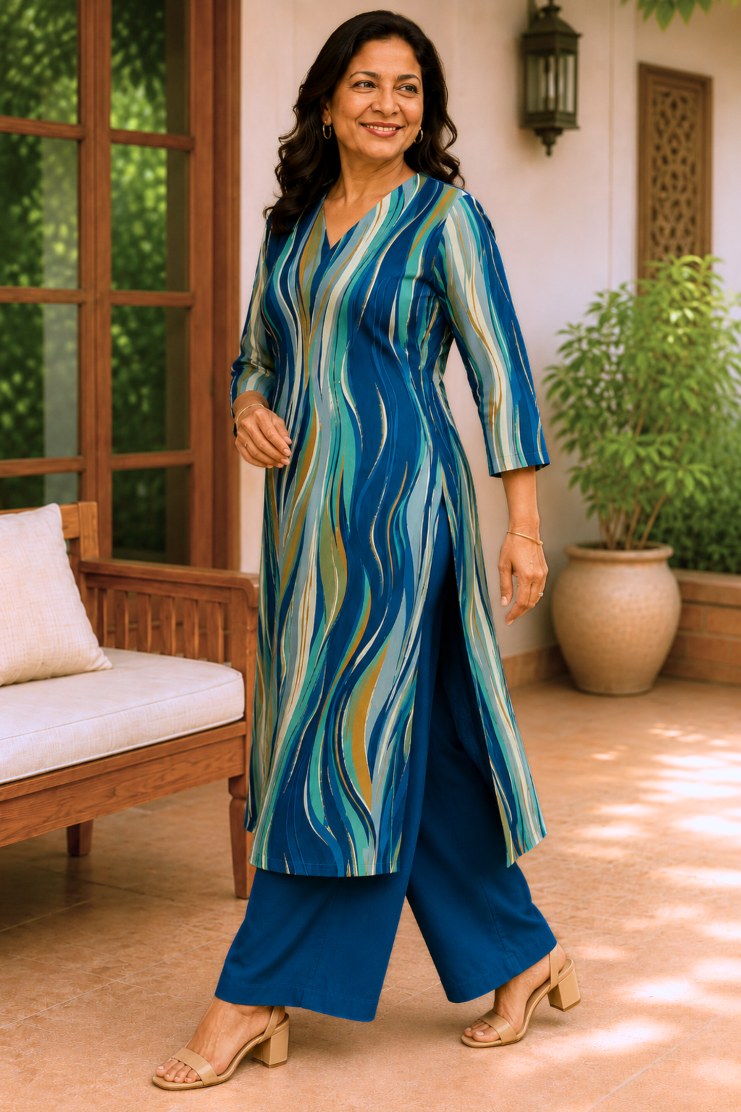 Marine Lumière Foiled Linen A-line Kurta