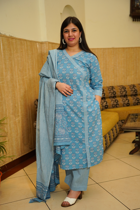 Blue Block Printed Cotton Angrakha Set