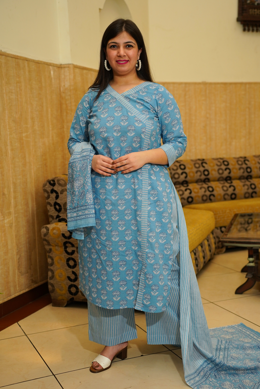 Blue Block Printed Cotton Angrakha Set