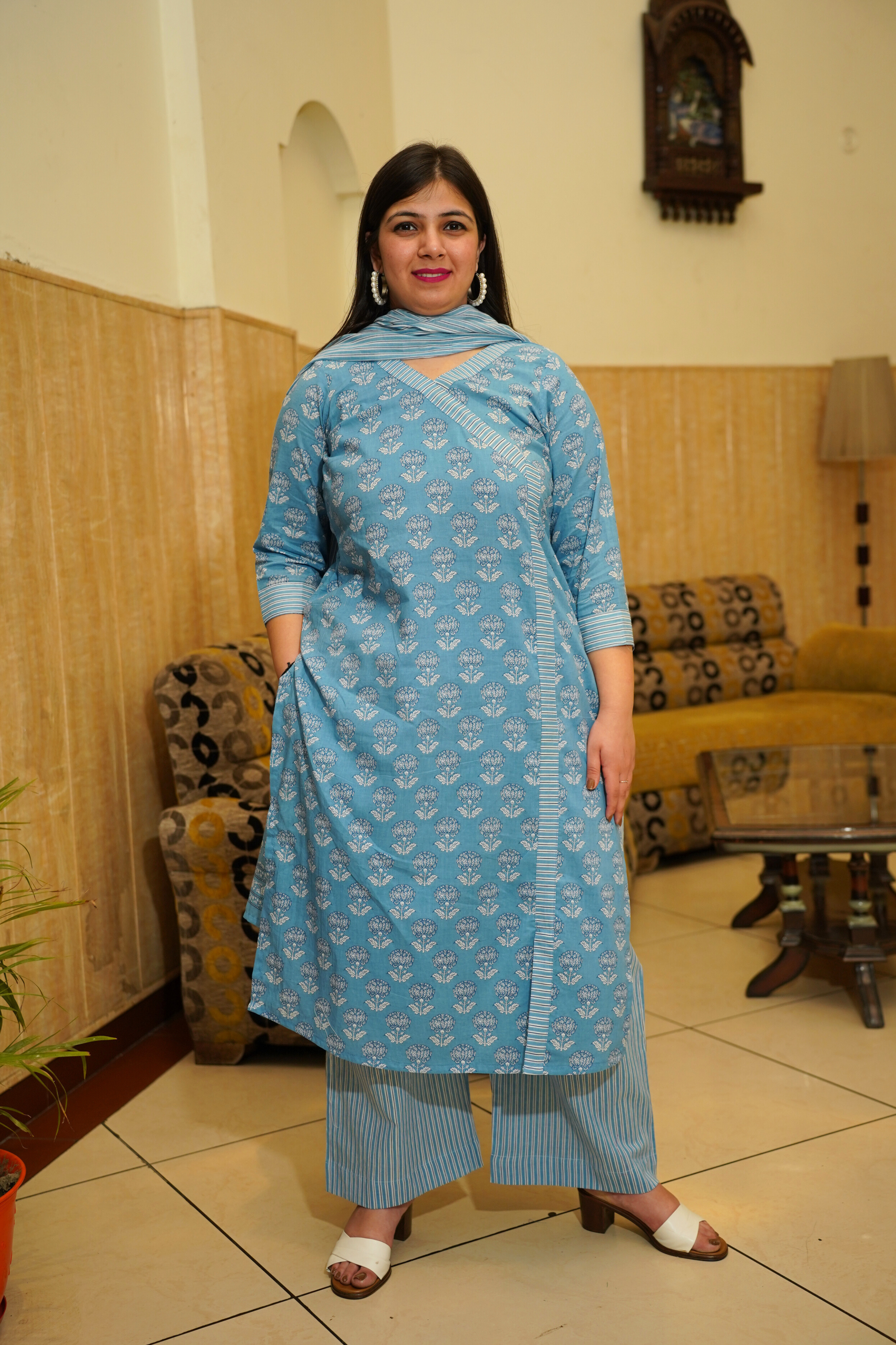 Blue Block Printed Cotton Angrakha Set