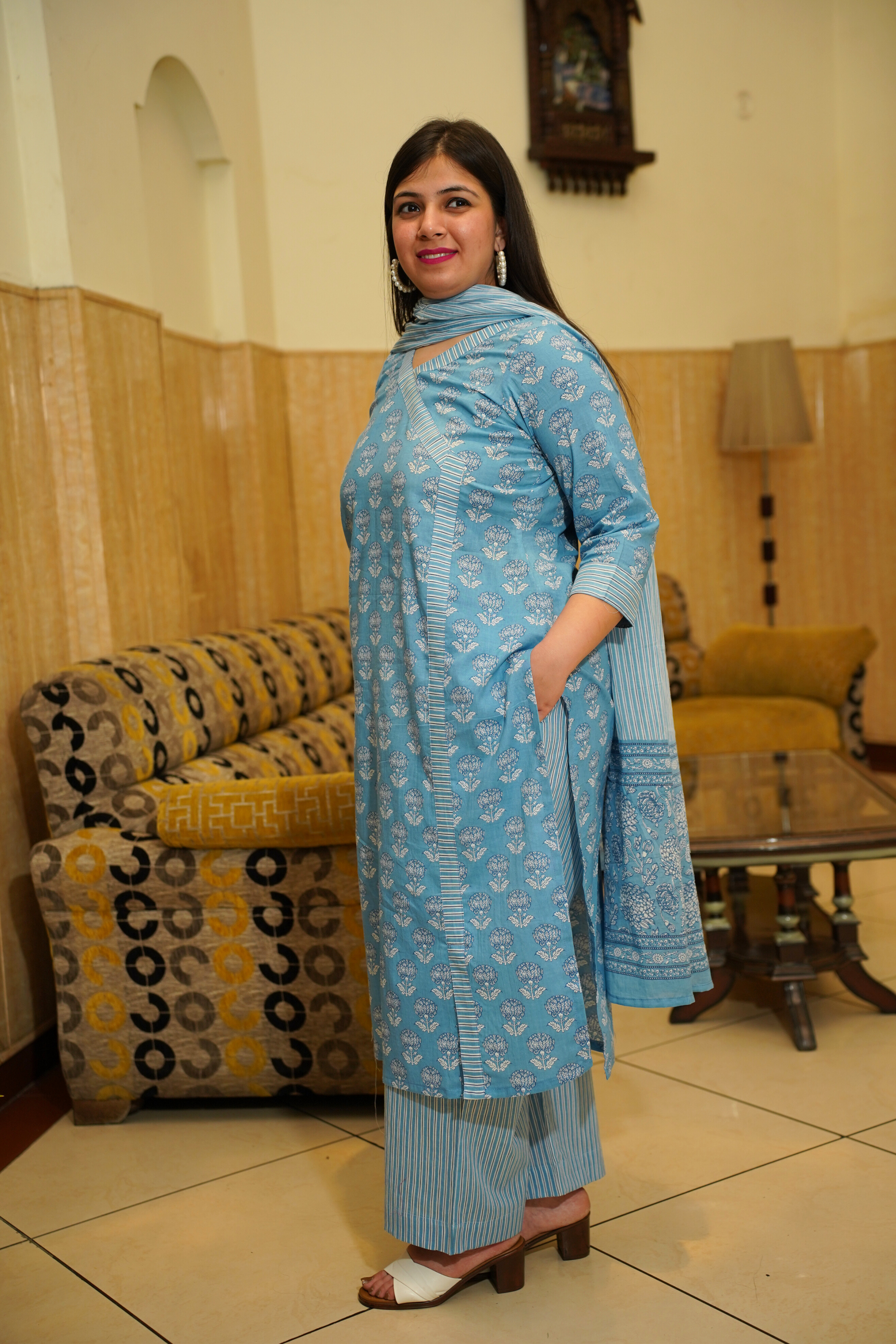 Blue Block Printed Cotton Angrakha Set