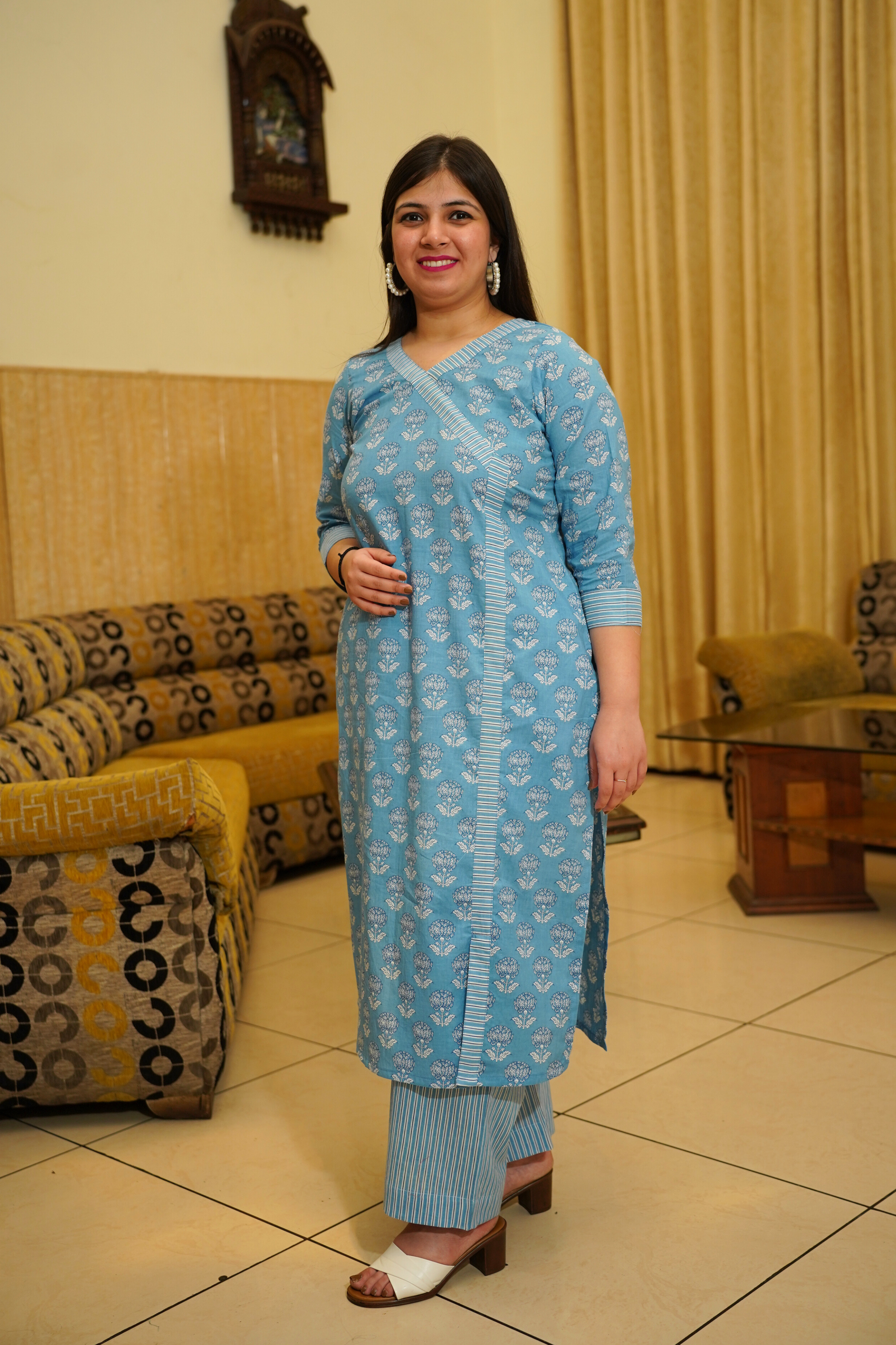 Blue Block Printed Cotton Angrakha Set