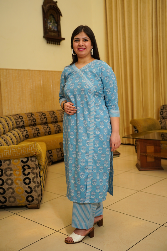 Blue Block Printed Cotton Angrakha Set