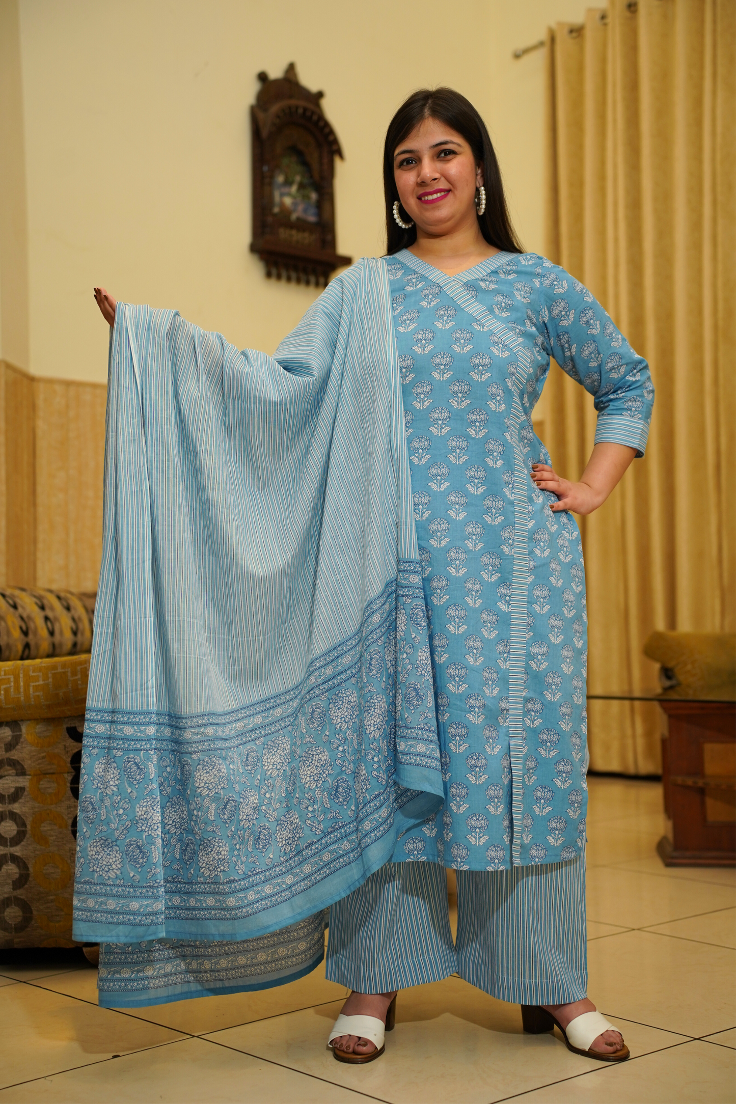 Blue Block Printed Cotton Angrakha Set