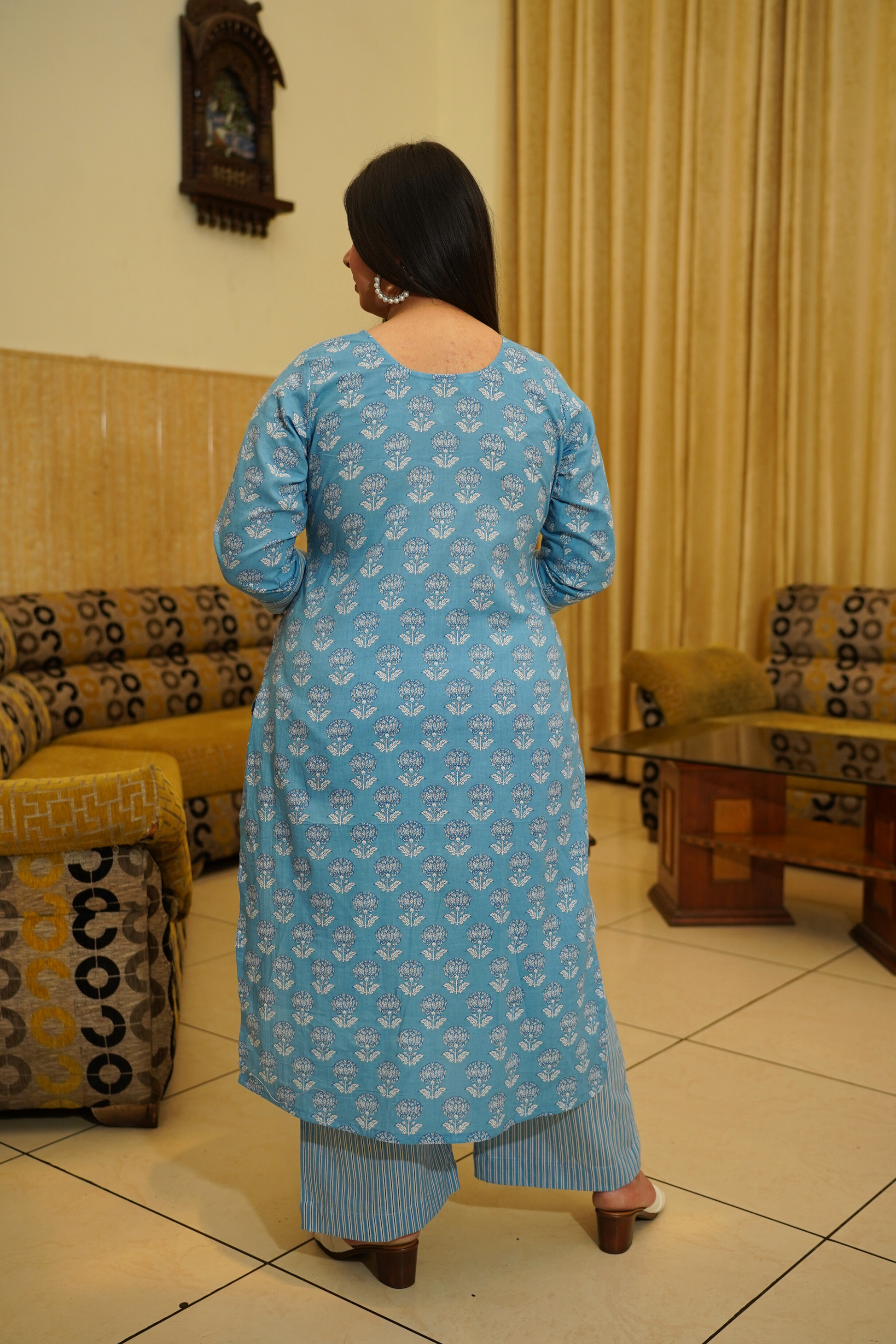 Blue Block Printed Cotton Angrakha Set