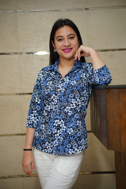 Indigo Floral Pleated Shirt