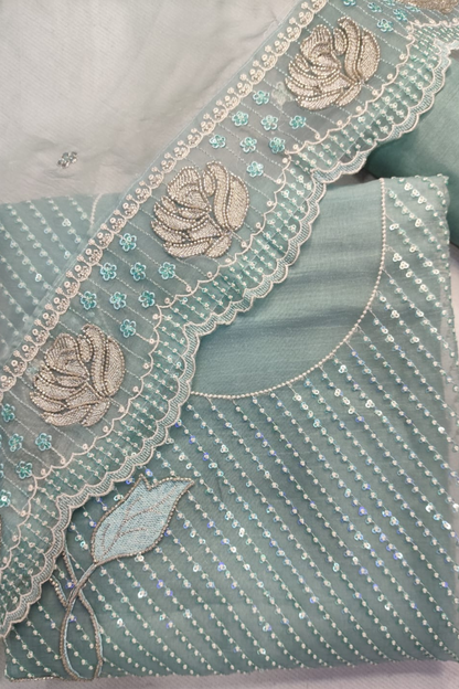 Blue Shimmer Tissue Suit with Handwork