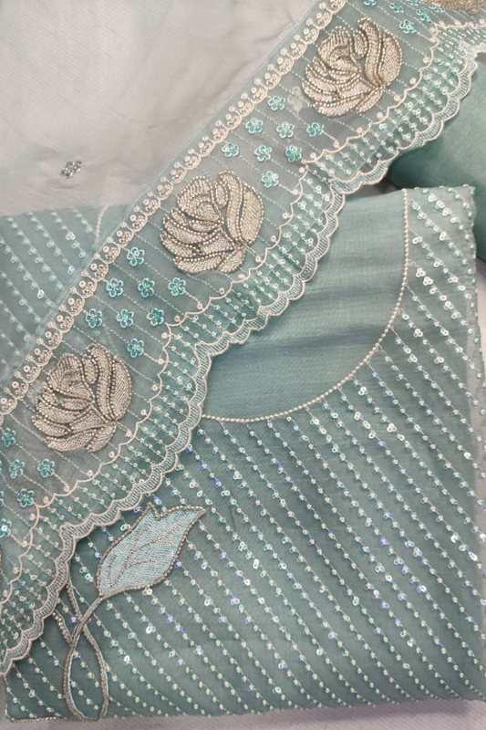 Blue Shimmer Tissue Suit with Handwork
