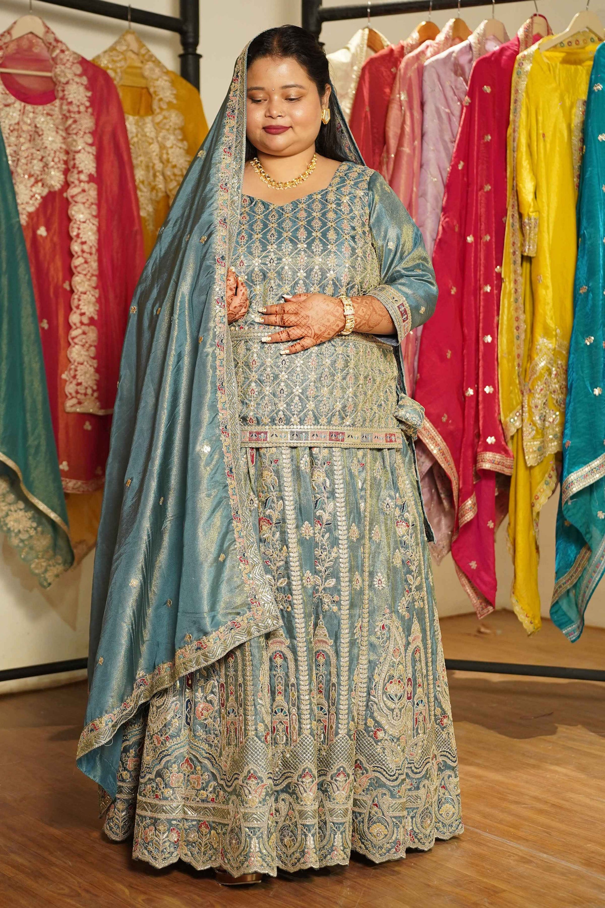 Zehnaya Blue Tissue Zari Embroidered Lehenga Choli
