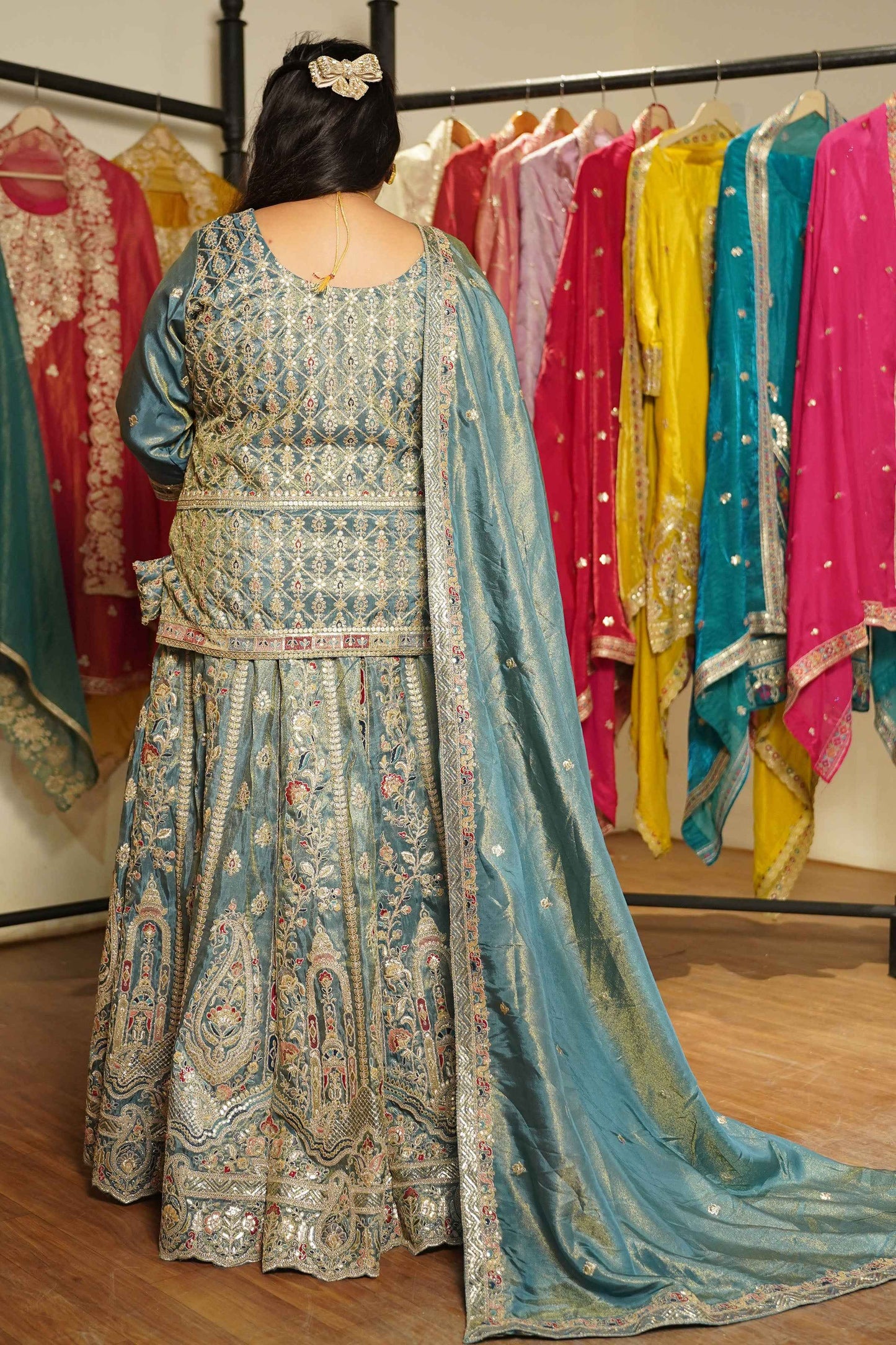 Zehnaya Blue Tissue Zari Embroidered Lehenga Choli