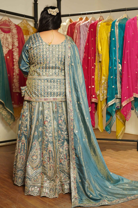 Zehnaya Blue Tissue Zari Embroidered Lehenga Choli