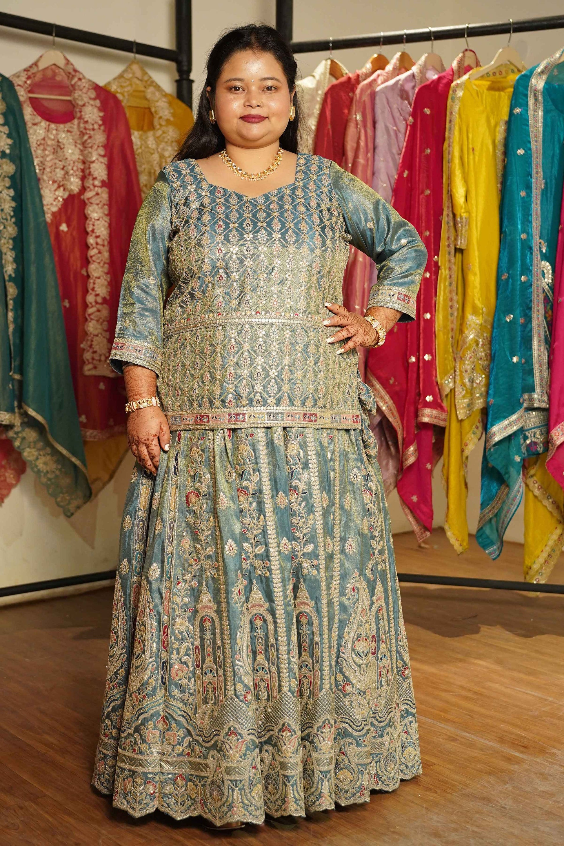 Zehnaya Blue Tissue Zari Embroidered Lehenga Choli