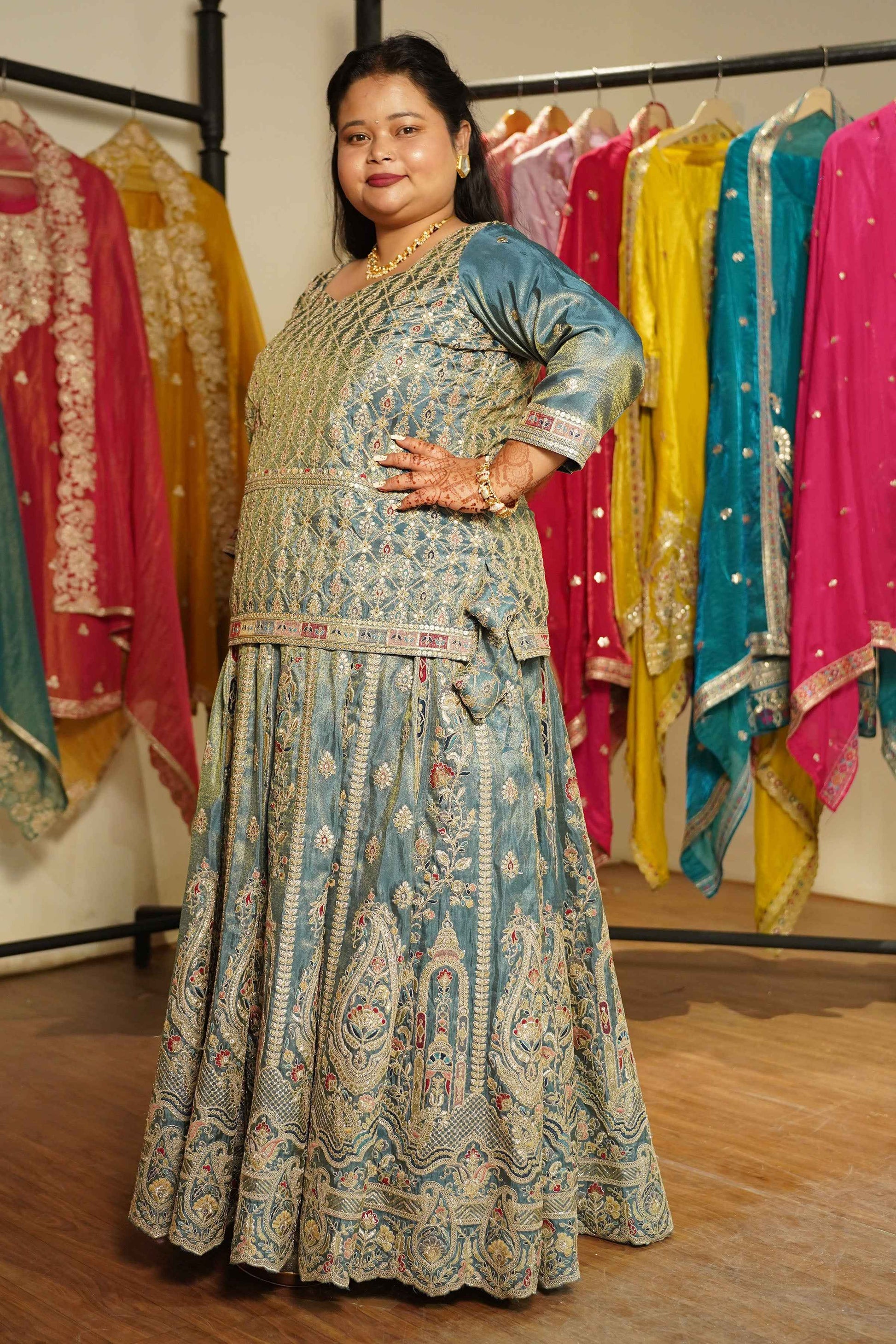 Zehnaya Blue Tissue Zari Embroidered Lehenga Choli