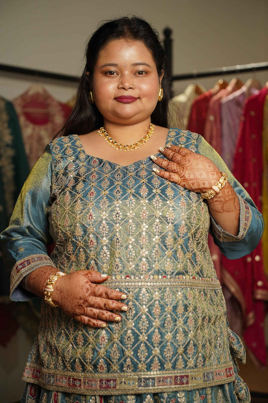 Zehnaya Blue Tissue Zari Embroidered Lehenga Choli