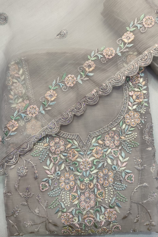 Brown Crushed Tissue Suit With Handwork