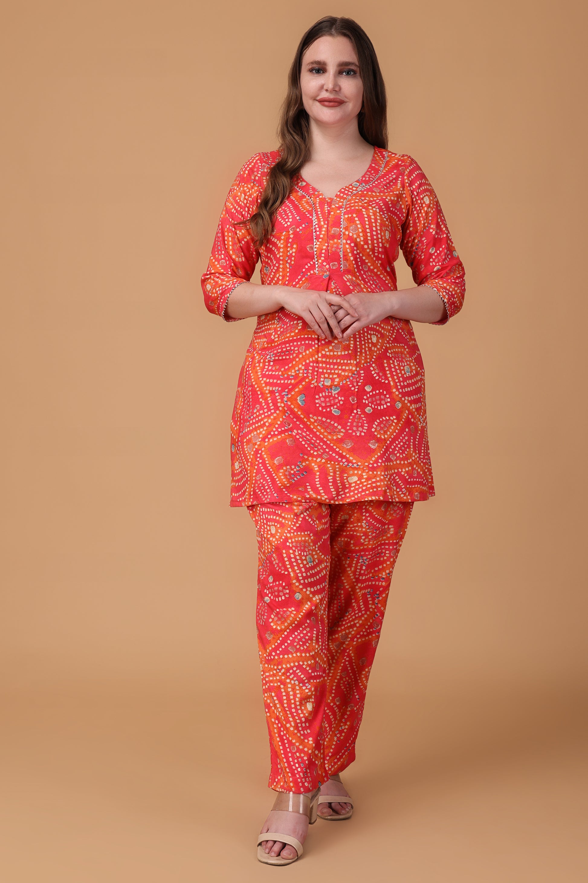 Women Plus  Size Coral Radiance Foiled Co-ord Set