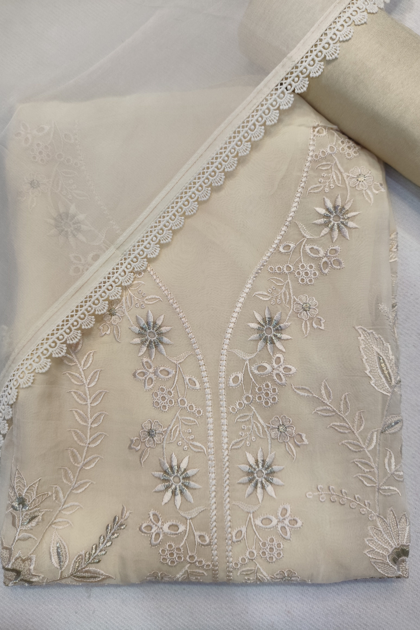 Cream Pure Organza Suit With Schiffli Work