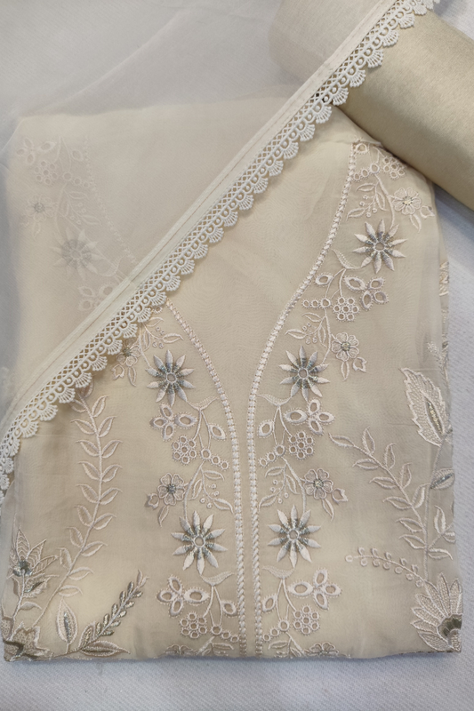 Cream Pure Organza Suit With Schiffli Work