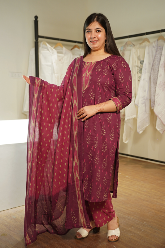 Crimson Grove Ikat Printed Cotton Suit Set