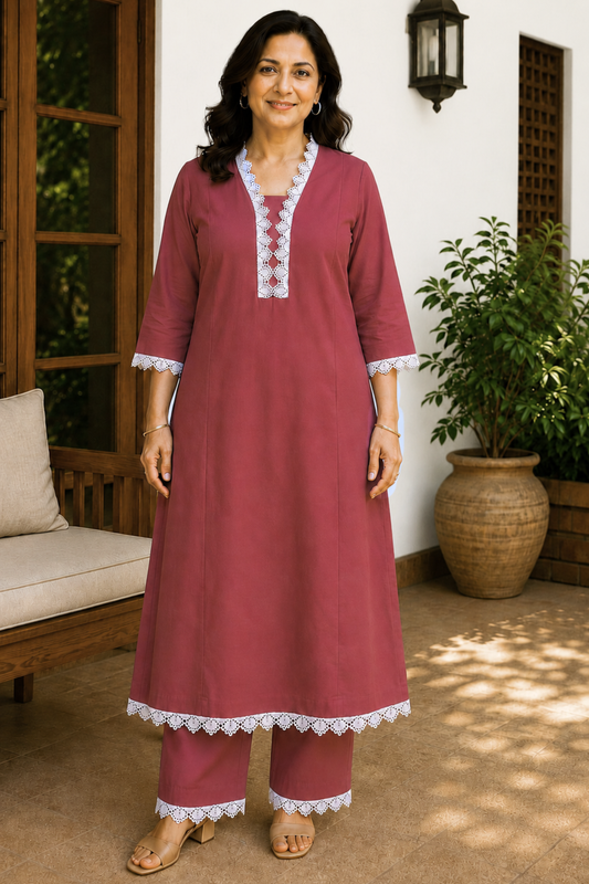 Muted Raspberry Cotton Kurta With Pants