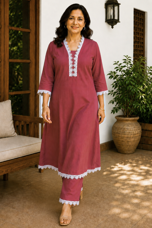 Muted Raspberry Cotton Kurta With Pants