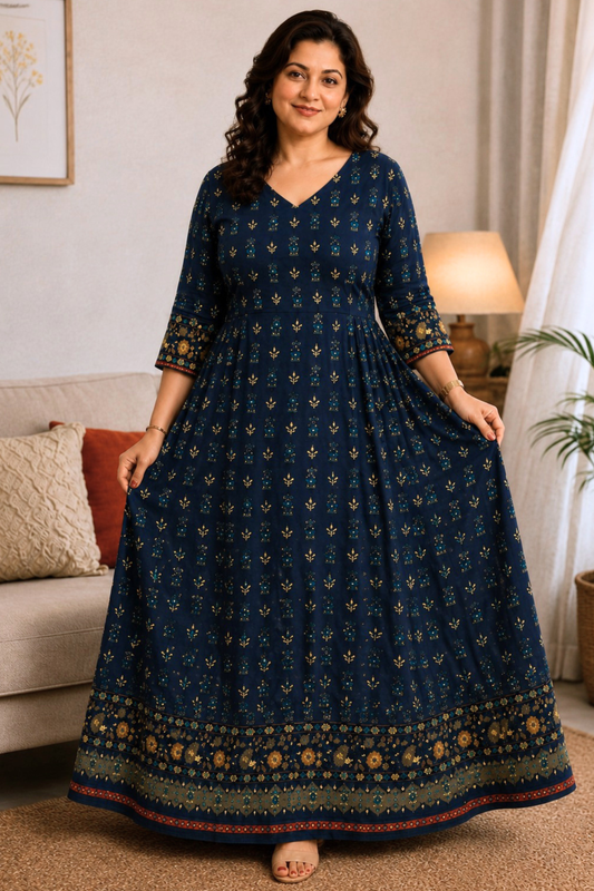 Indigo Lumière Foiled Rayon Dress With Pockets