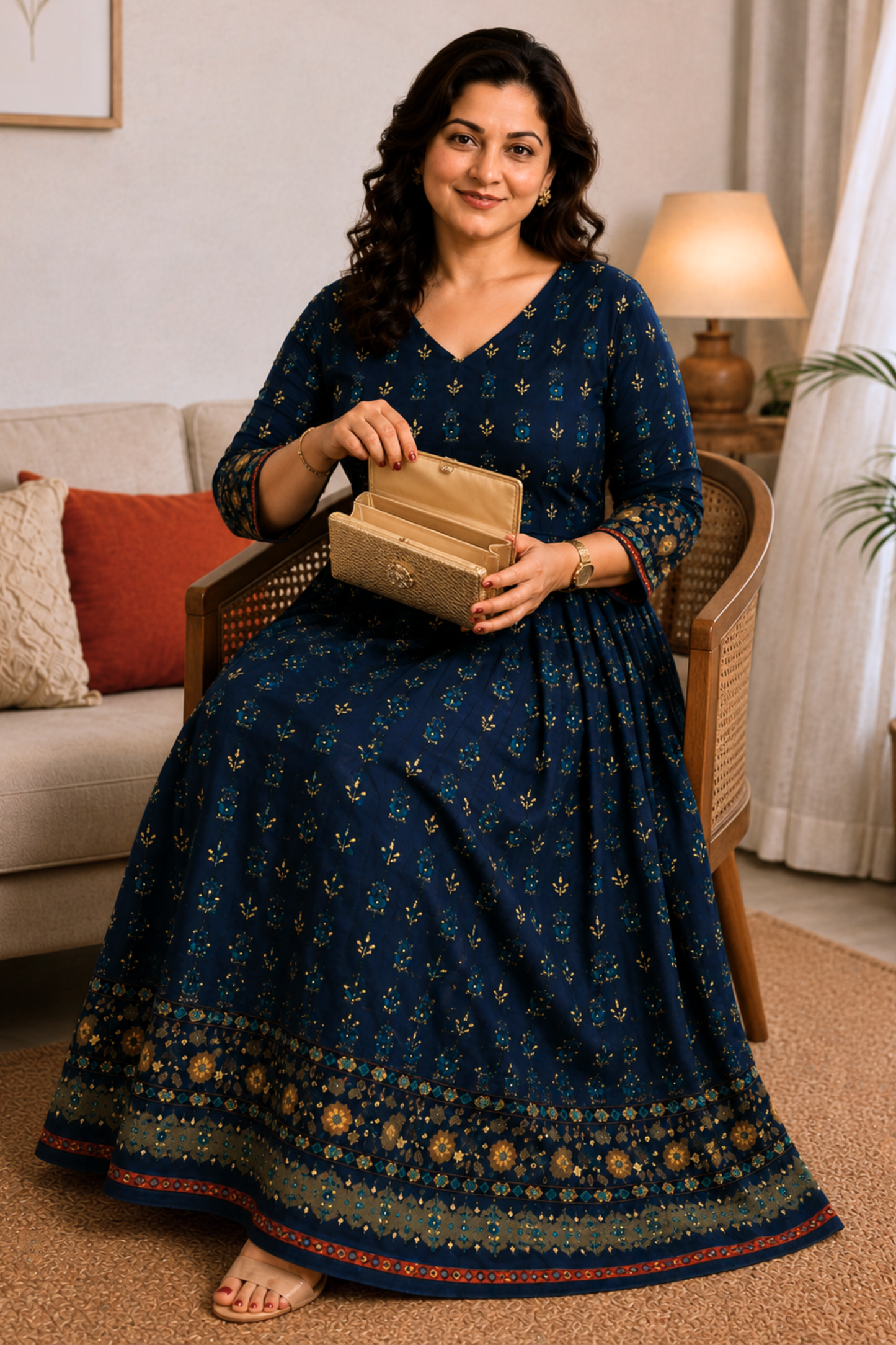 Indigo Lumière Foiled Rayon Dress With Pockets