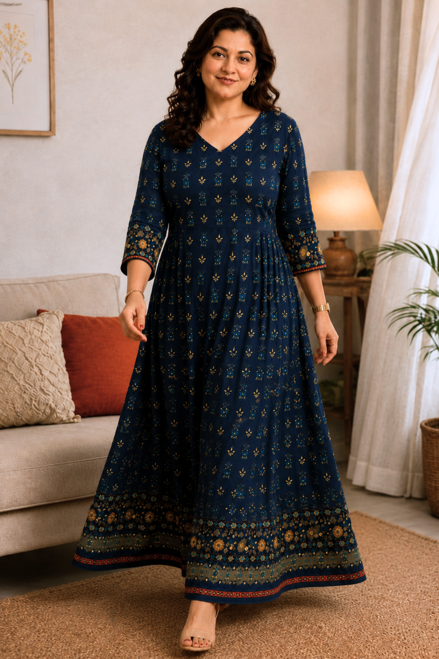Indigo Lumière Foiled Rayon Dress With Pockets