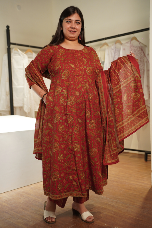 Deep Maroon Kalamkari Kalidar Cotton Suit
