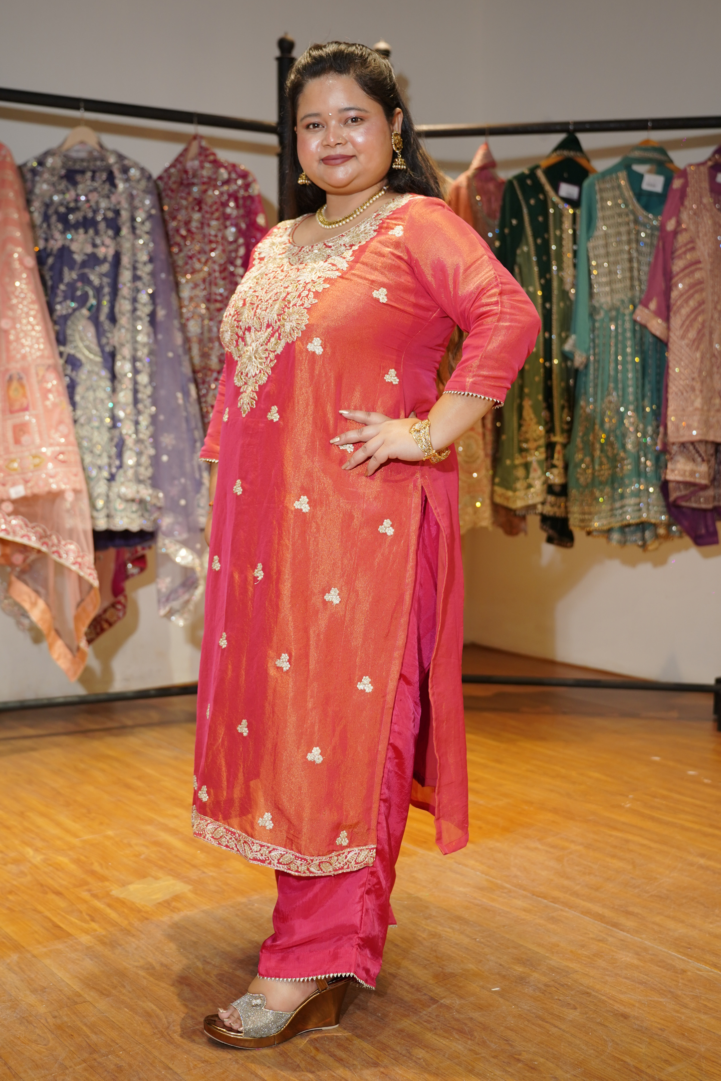 Devyani Tissue Shimmer Suit With Zari Embroidery