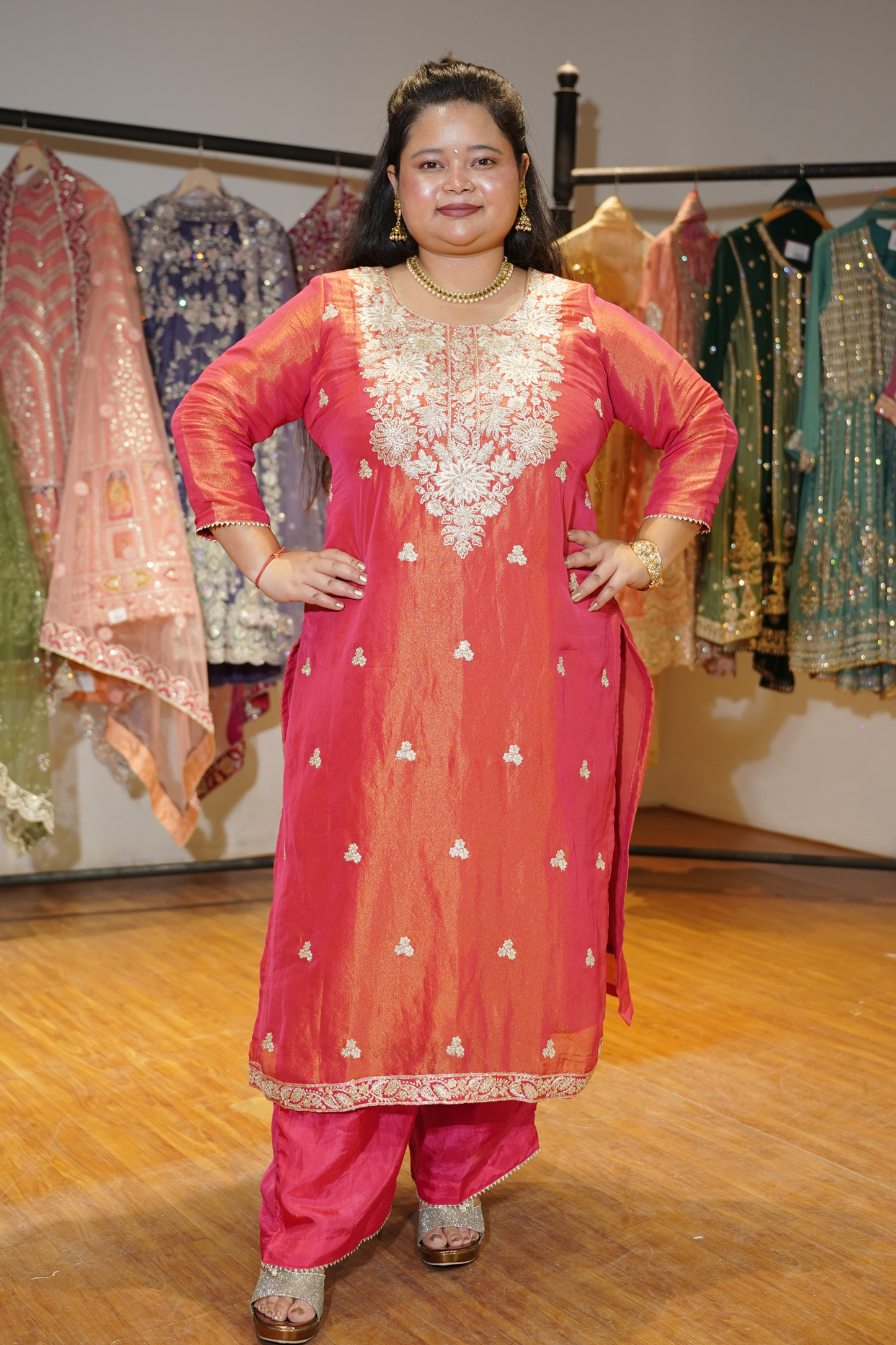 Devyani Tissue Shimmer Suit With Zari Embroidery