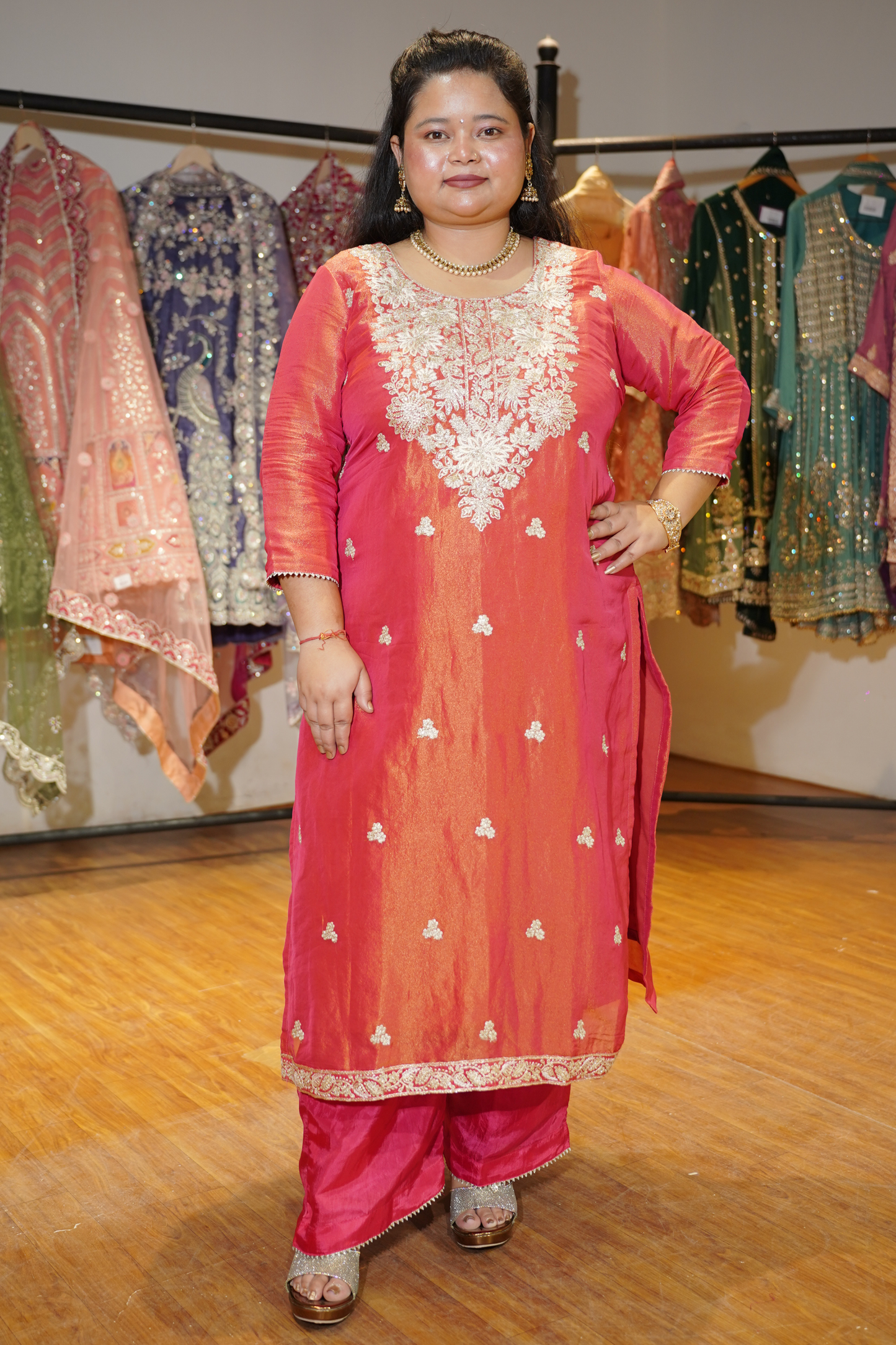 Devyani Tissue Shimmer Suit With Zari Embroidery