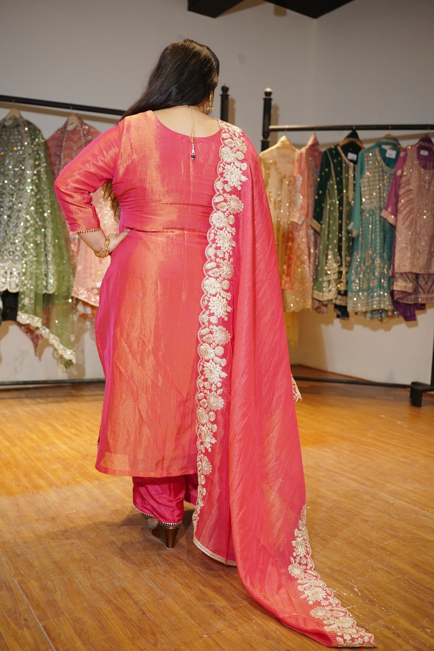 Devyani Tissue Shimmer Suit With Zari Embroidery