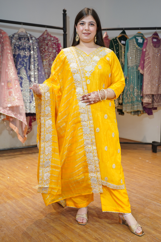 Divisha Yellow Suit Set With Zari Embroidery