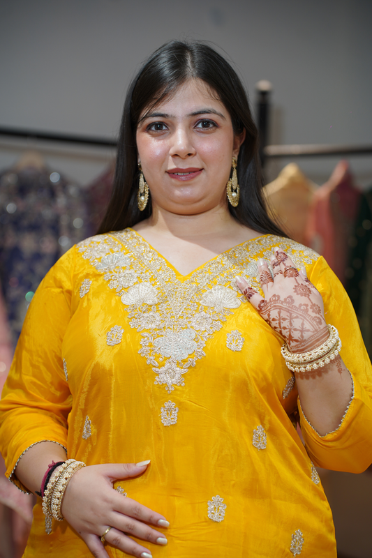 Divisha Yellow Suit Set With Zari Embroidery