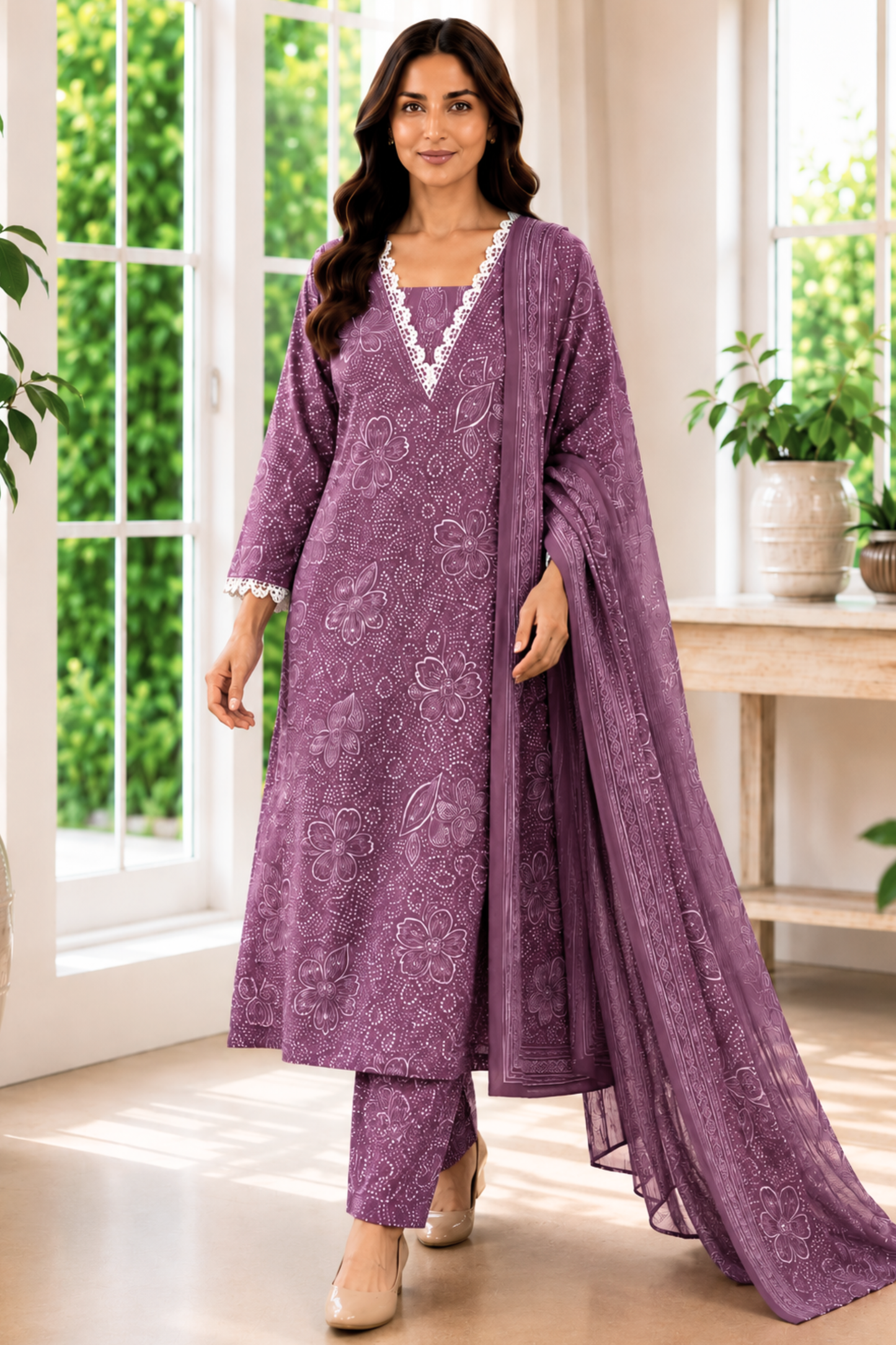 Dusty Peony Foiled Cotton Kurta With Pants