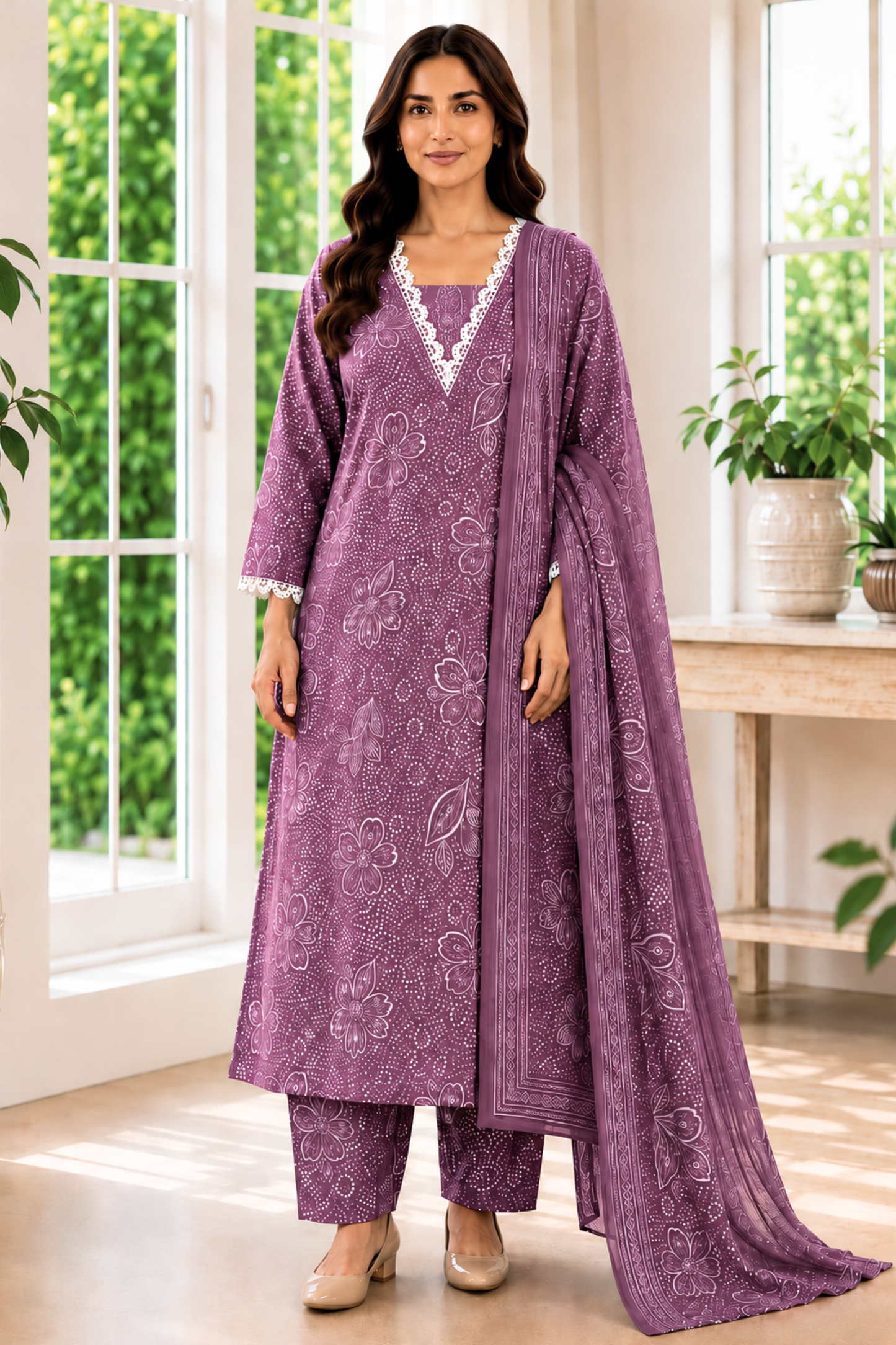Dusty Peony Foiled Cotton Kurta With Pants