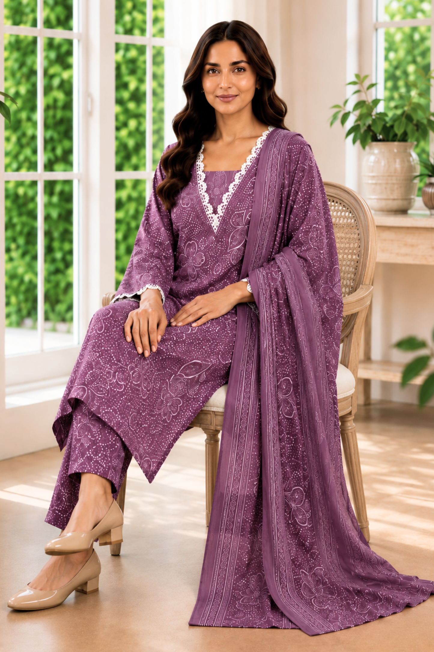 Dusty Peony Foiled Cotton Kurta With Pants