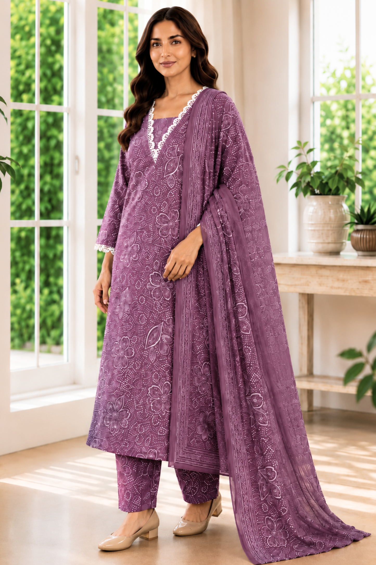 Dusty Peony Foiled Cotton Kurta With Pants